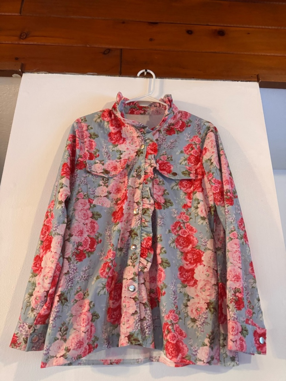 Chic Nation Floral Button-Up Blouse in Light Blue and Pink